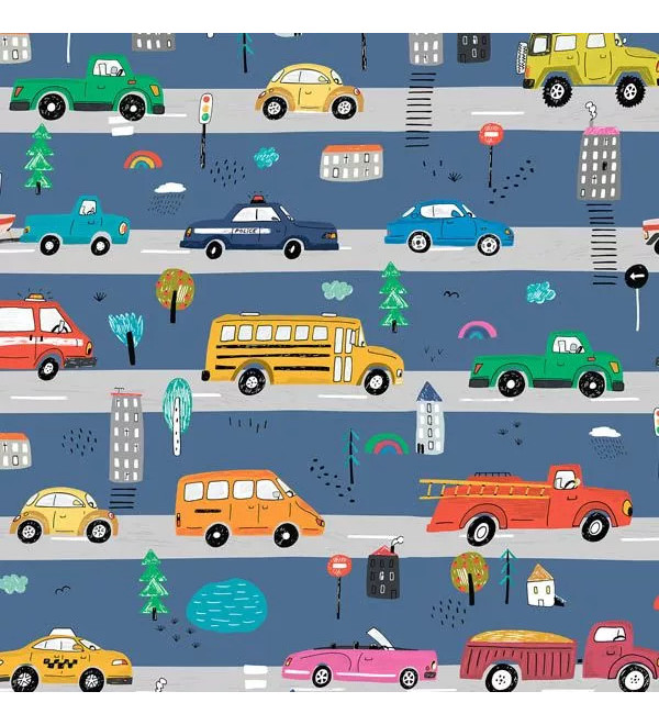 T-KODI pantalones impermeables con estampado de la ciudad con autos de colores en la via.