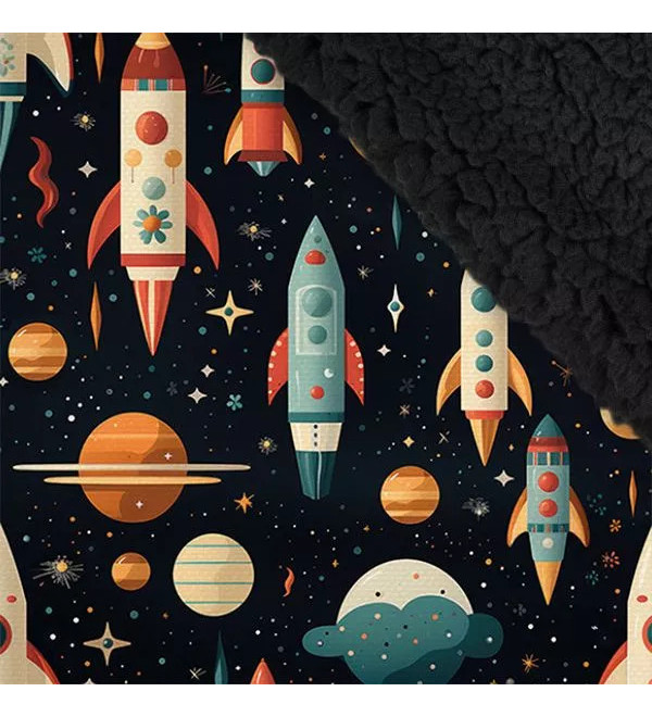 W-RAKET pantalones funcionales con forro de peluche negro y estampado de cohetes